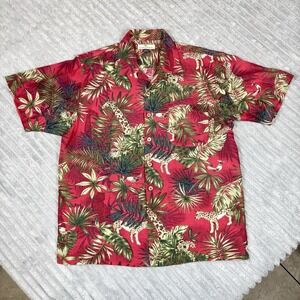 Tommy Bahama 100% Silk Hawaiian Shirt Mens M Red Tropical Jungle Theme
